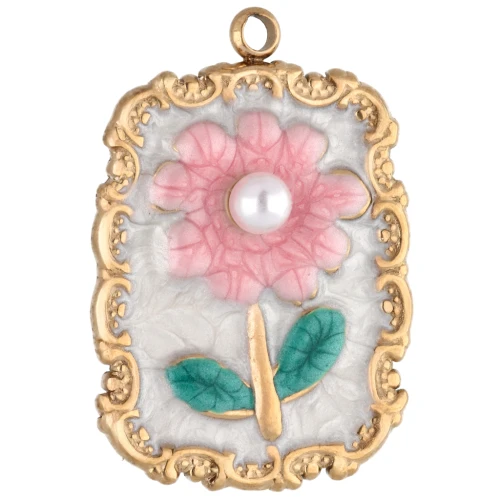 Pendentif cadre 26x18 mm motif fleur - résine époxy - Acier inox 304 Doré - Rose