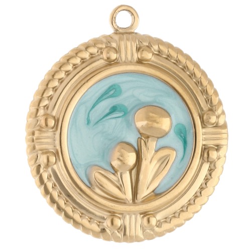 Pendentif médaille 24 mm motif fleurs résine époxy - Acier inox 304 Doré - Bleu x1