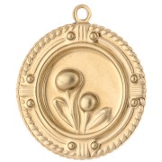Pendentif médaille 24 mm motif fleurs résine époxy - Acier inox 304 Doré - Bleu x1