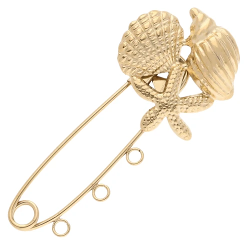 Broche épingle à nourrice 45 mm avec coquillages - 3 anneaux - Acier inox 304 Doré