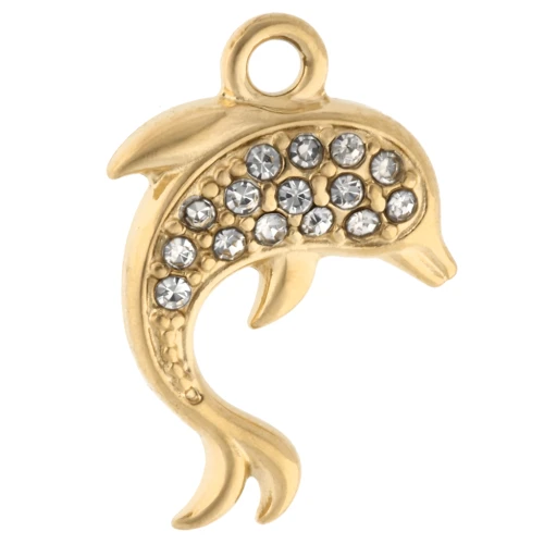 Breloque dauphin 14.5x9.5 mm avec strass - Acier inoxydable 304 Doré - Crystal x1