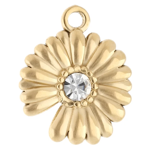 Breloque fleur 15 mm avec strass - Acier inoxydable 304 Doré - Crystal x1