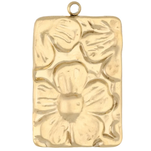 Pendentif rectangle 29x19 mm motif fleurs en relief - Acier inoxydable 304 Doré x1