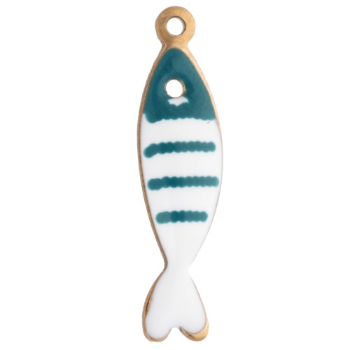 Breloque poisson rayé 18.5x5 mm en résine époxy - Acier inox 304 Doré - Pétrole x1
