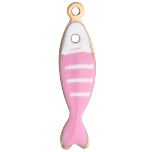 Breloque poisson rayé 18.5x5 mm en résine époxy - Acier inox 304 Doré - Rose x1