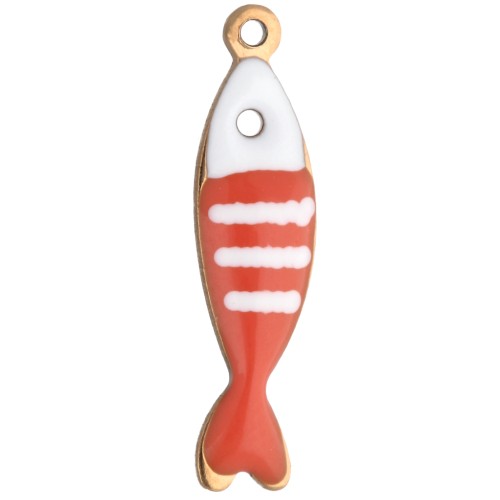 Breloque poisson rayé 18.5x5 mm en résine époxy - Acier inox 304 Doré - Orange x1