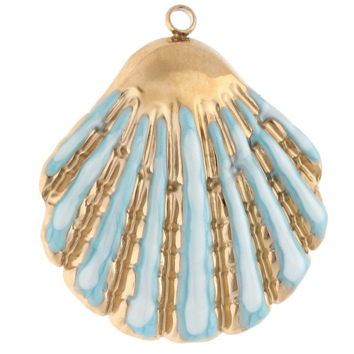 Pendentif coquillage 35.5x31 mm et résine époxy - Acier inox 304 Doré - Bleu ciel