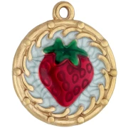 Pendentif rond 20 mm motif fraise avec résine époxy - Acier inox 304 Doré - Rouge
