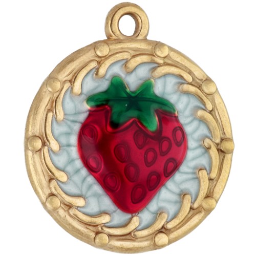 Pendentif rond 20 mm motif fraise avec résine époxy - Acier inox 304 Doré - Rouge