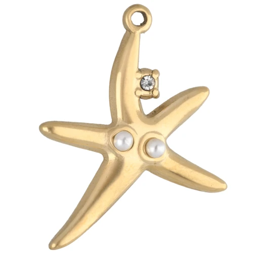 Pendentif étoile de mer 22x19 mm strass et imitation perle - Acier inox 304 Doré