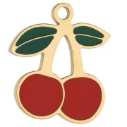 Breloque cerises 14x12.5 mm avec résine époxy - Acier inox 304 Doré - Rouge x1