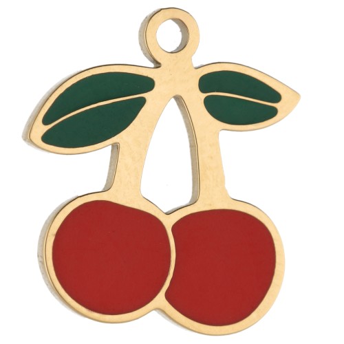 Breloque cerises 14x12.5 mm avec résine époxy - Acier inox 304 Doré - Rouge x1