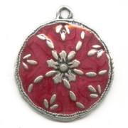 Pendentif résine époxy médaille 36 mm Fuchsia/argenté vieilli x1
