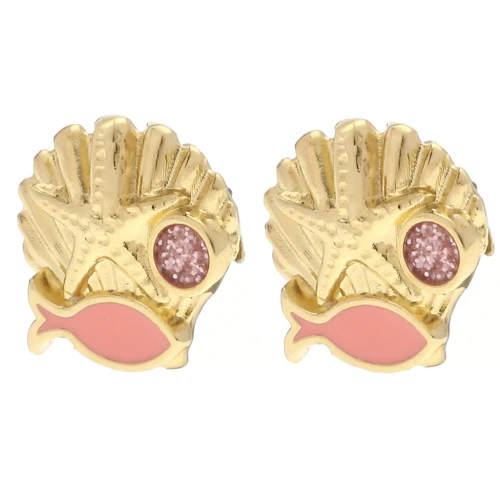 Boucles d'oreilles coquillage 13 mm - Doré à l'or fin - Saumon - Rose pailleté x2