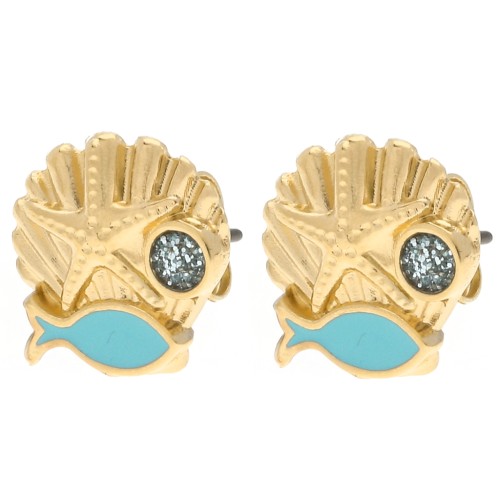 Boucles d'oreilles coquillage 13 mm Doré à l'or fin - Turquoise - Bleu pailleté x2