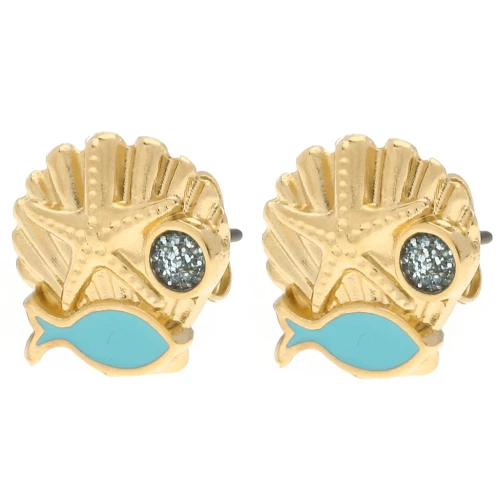 Boucles d'oreilles coquillage 13 mm Doré à l'or fin - Turquoise - Bleu pailleté x2