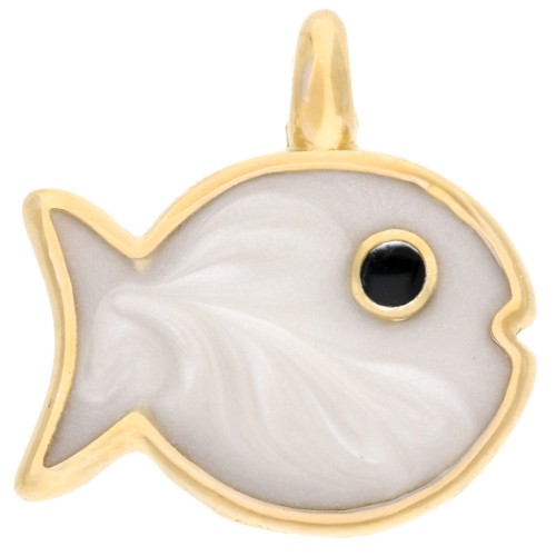 Breloque poisson 16x15 mm avec résine époxy - Doré à l'or fin - Blanc nacré x1
