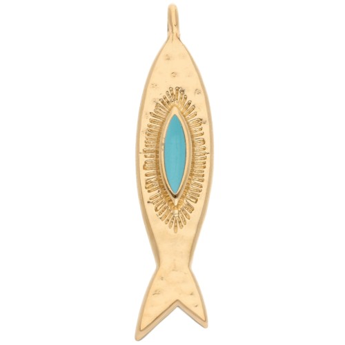 Pendentif poisson 35x8 mm - Doré à l'or fin - Turquoise x1