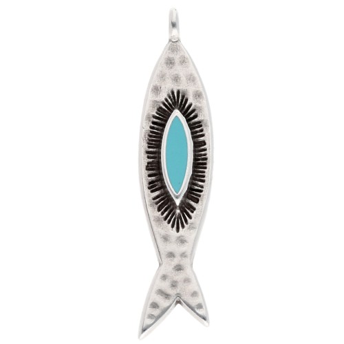 Pendentif poisson 35x8 mm - Placage Argent fin vieilli - Turquoise x1