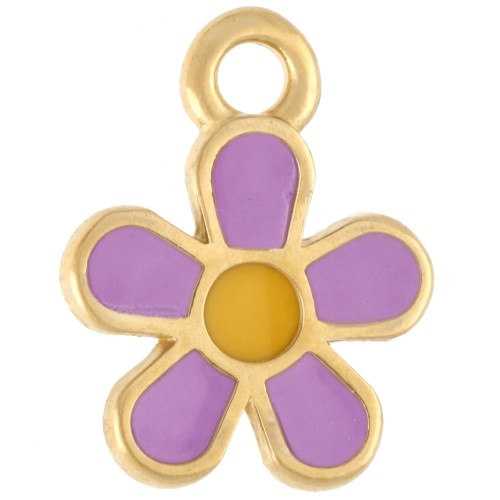 Breloque fleur 10.5 mm avec résine époxy - Doré à l'or fin - Lilas - Jaune x1