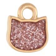 Breloque tête de chat 9x8 mm - Doré à l'or fin - Rose pailleté x1