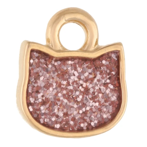 Breloque tête de chat 9x8 mm - Doré à l'or fin - Rose pailleté x1