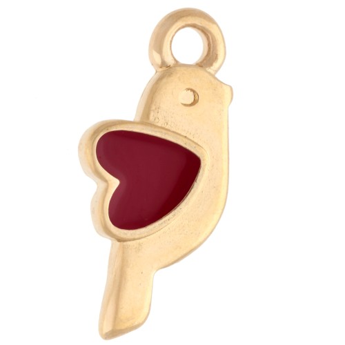Breloque oiseau et coeur 18x8 mm - Doré à l'or fin - Rouge x1