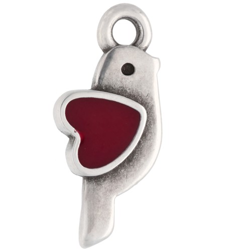 Breloque oiseau et coeur 18x8 mm - Placage Argent fin vieilli - Rouge x1