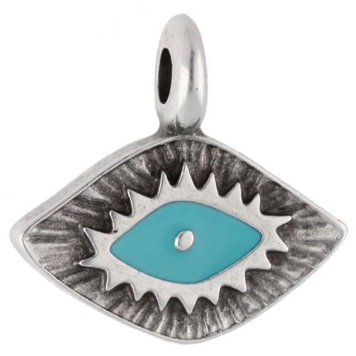 Breloque losange 12x13 mm - motif oeil - Placage Argent fin vieilli - Turquoise x1