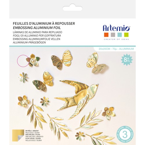 Lot de 3 feuilles de métal à repousser 20x20 cm - Artemio - Doré pâle - Argenté