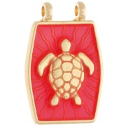 Pendentif intercalaire 22.5x15 mm - motif tortue - Doré à l'or fin - Corail fluo