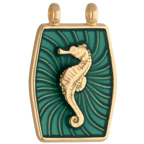 Pendentif intercalaire 22.5x15 mm motif hippocampe - Doré à l'or fin - Vert x1