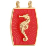 Pendentif intercalaire 22.5x15 mm motif hippocampe - Doré à l'or fin - Corail fluo