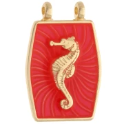 Pendentif intercalaire 22.5x15 mm motif hippocampe - Doré à l'or fin - Corail fluo