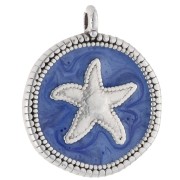 Pendentif rond irrégulier 20mm étoile de mer Placage Argent fin vieilli Bleu nacré
