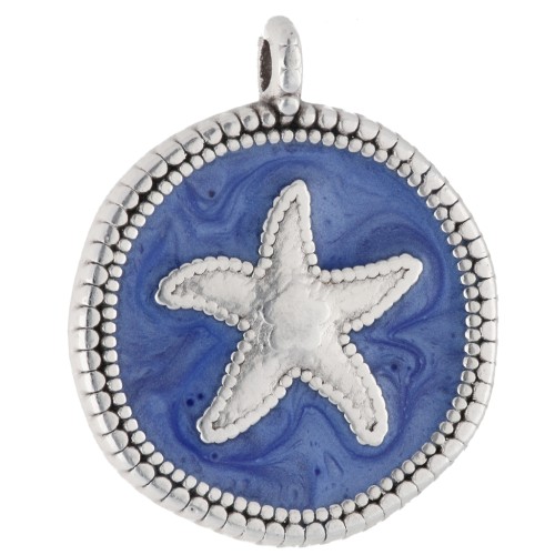 Pendentif rond irrégulier 20mm étoile de mer Placage Argent fin vieilli Bleu nacré