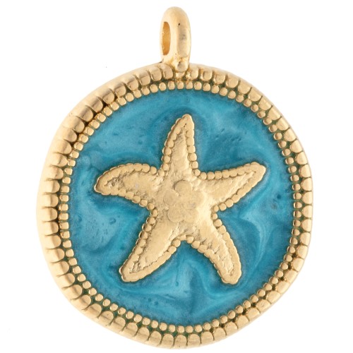 Pendentif rond irrégulier 20 mm étoile de mer - Doré à l'or fin - Turquoise nacré