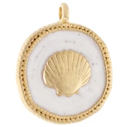 Pendentif rond irrégulier 20 mm coquillage - Doré à l'or fin - Blanc nacré x1