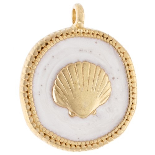 Pendentif rond irrégulier 20 mm coquillage - Doré à l'or fin - Blanc nacré x1