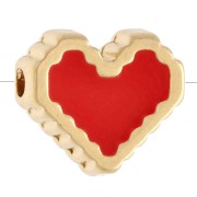 Perle coeur 10 mm motif oeil avec résine époxy - Doré à l'or fin - Rouge clair x1