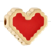 Perle coeur 10 mm motif oeil avec résine époxy - Doré à l'or fin - Rouge clair x1