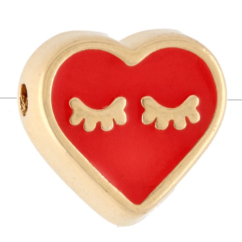 Perle coeur 9x10 mm avec résine époxy - Doré à l'or fin - Rouge clair x1