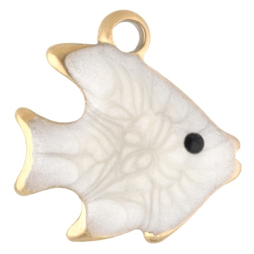 Mini breloque poisson 10 mm avec époxy - Acier inoxydable 304 Doré - Blanc x1
