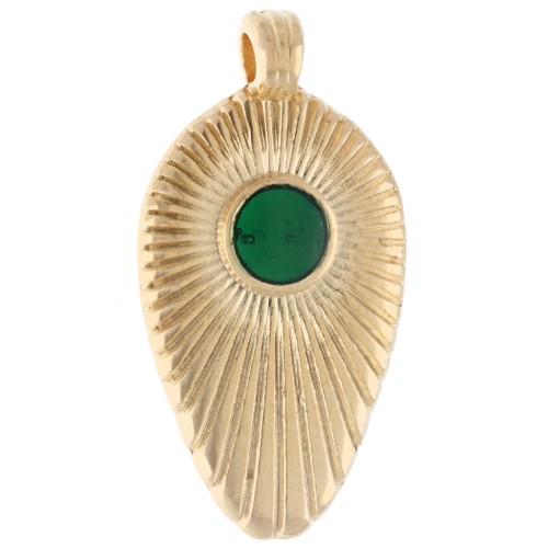 Pendentif pointe strié 25x13 mm avec résine époxy - Doré à l'or fin - Vert x1