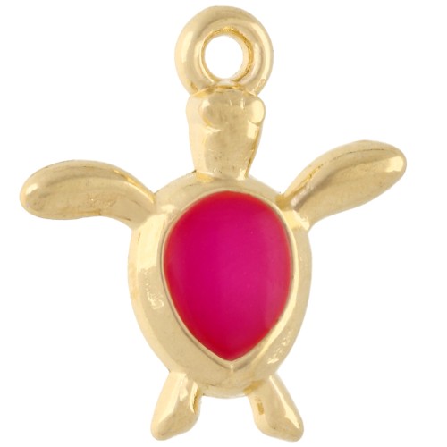 Breloque tortue 18.5x17 mm - Doré à l'or fin - Rose fluo x1