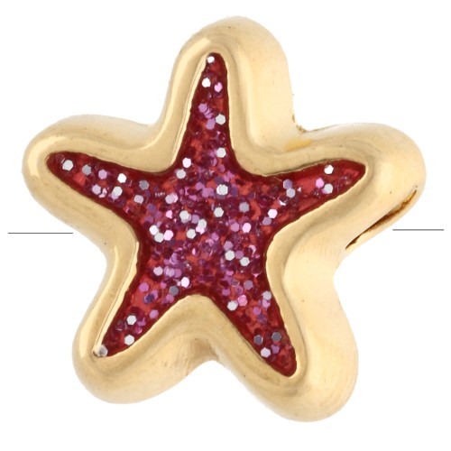 Perle étoile de mer 10 mm avec résine époxy - Doré à l'or fin - Rose pailleté x1