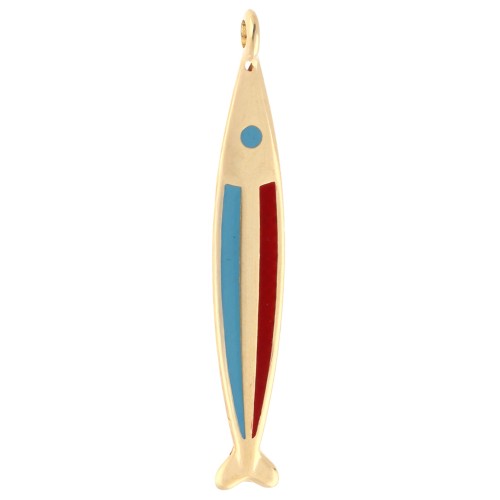Pendentif poisson 58x9 mm avec résine époxy - Doré à l'or fin - Bleu - Rouge x1