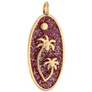 Pendentif ovale 28.5x12.5 mm motif palmiers - Doré à l'or fin - Rose pailleté x1