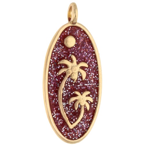 Pendentif ovale 28.5x12.5 mm motif palmiers - Doré à l'or fin - Rose pailleté x1
