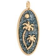 Bleu Gris - Pendentif ovale 28.5x12.5 mm motif palmiers - Doré à l'or fin - Bleu gris pailleté Pendentif ovale 28.5x12.5 mm motif palmiers - Doré à l'or fin - Bleu gris pailleté